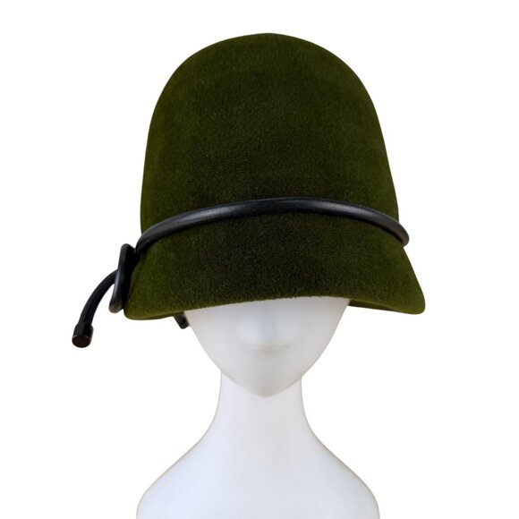Womens Green Wool Cloche Hat With Black Leather Bow Accent - Picture 1 of 11